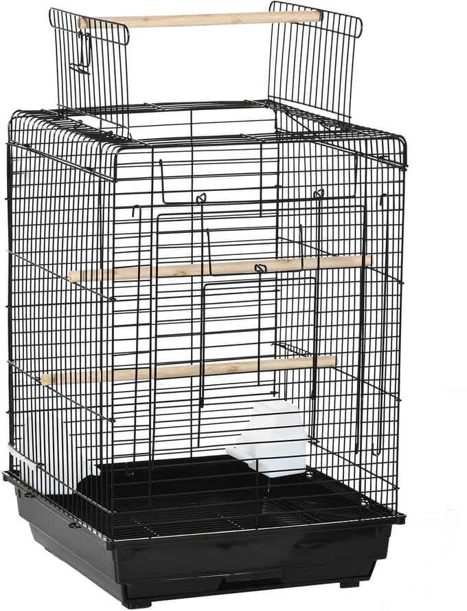 PawHut metalen vogelkooi met voerbakken, uitneembare lade, handvat, dim. 40L x 40l x 59H cm zwart