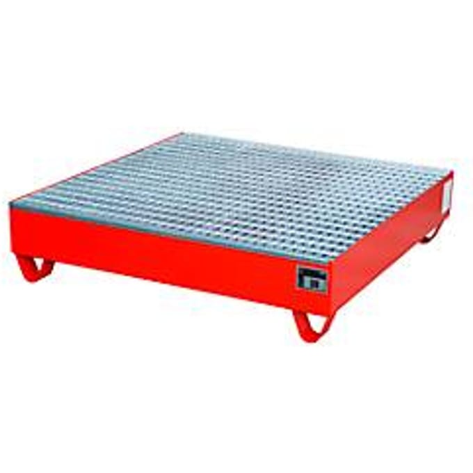 Stalen lekbak met rooster, 1200 x 1200 mm, rood RAL 3000