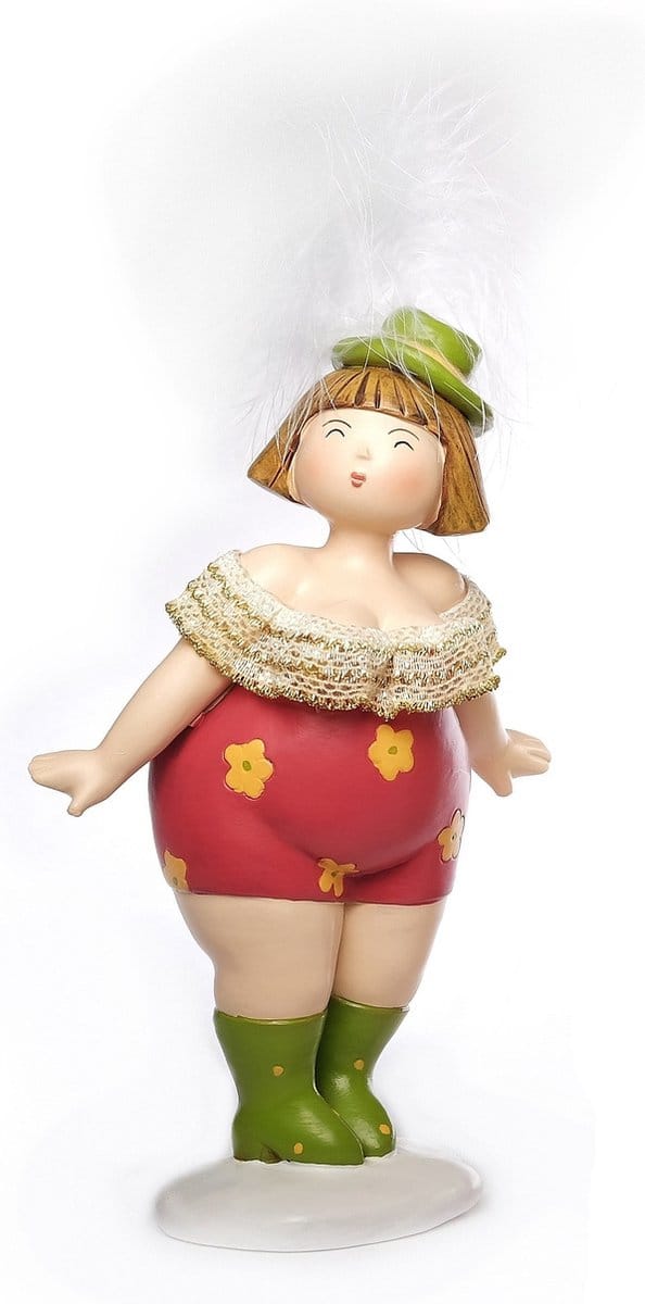 Inware Home decoratie beeldje dikke dame - staand - jurk rood - 20 cm