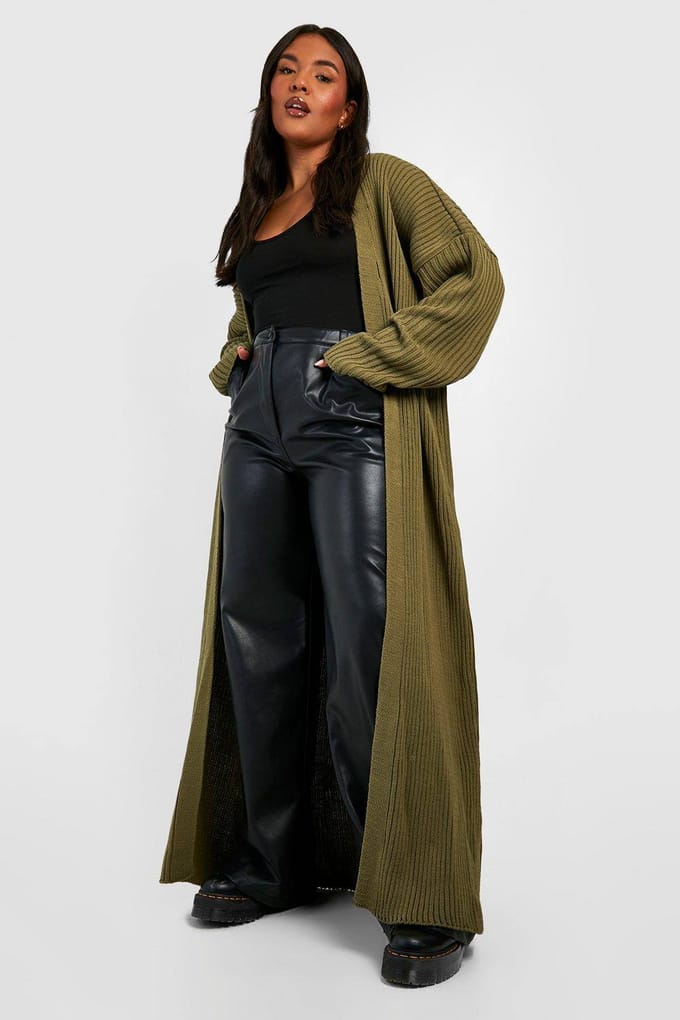 boohoo Dames Plus Gebreide Oversized Maxi Cardigan | Kaki | Maat: 56