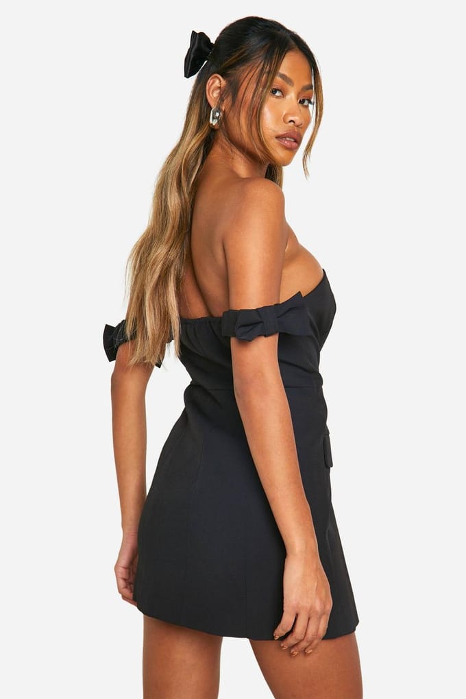 boohoo Dames Bow Bardot Tailored Mini Dress | Black | Maat: 14