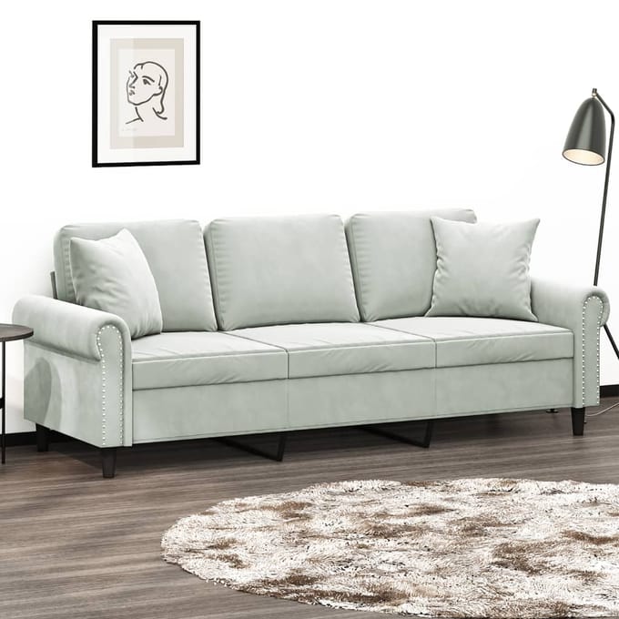 vidaXL - Driezitsbank - met - sierkussens - 180 - cm - fluweel - lichtgrijs