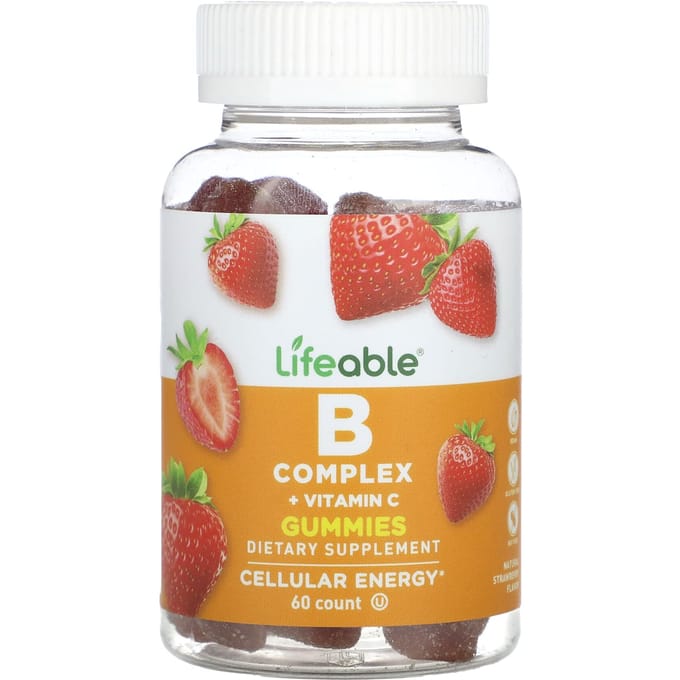 Lifeable, gommes au complexe B et à la vitamine C, arôme naturel de fraise, 60 gommes