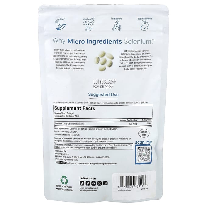 Micro Ingredients, Selenium, 200 mcg, 500 Softgels