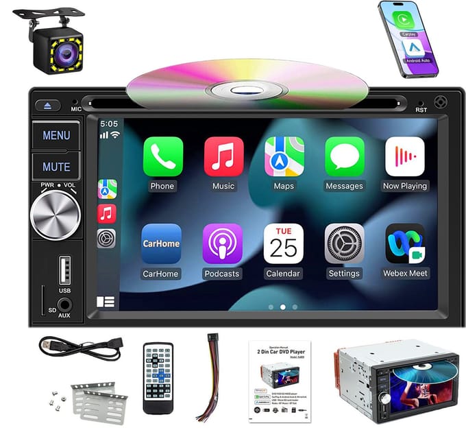 ESSGOO 2-DIN Multimedia Autoradio met 6,2″ Touchscreen, Bluetooth, FM/AM & CD/DVD – Apple Carplay & Android Auto - 12 LEDs Achteruitrijcamera