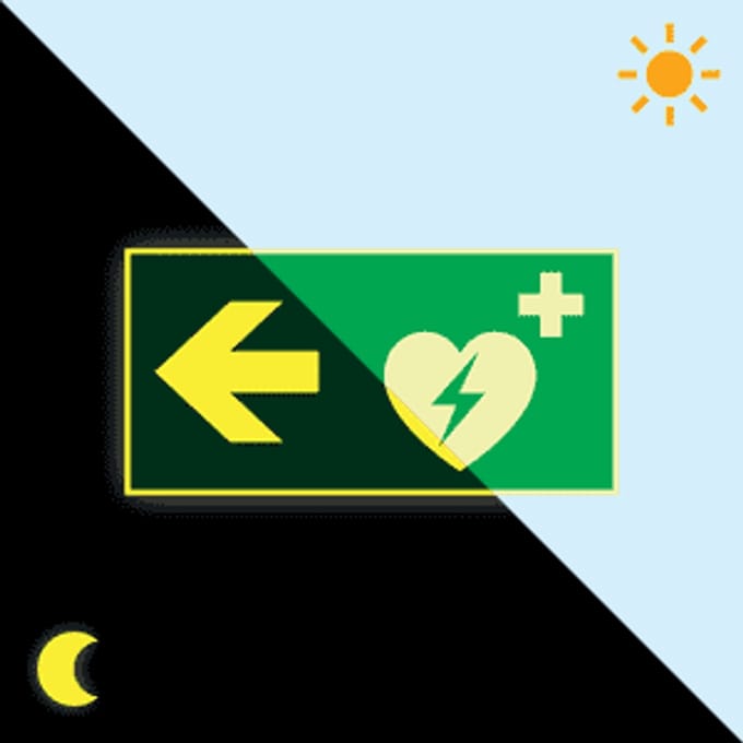 Extra lichtgevend AED bord met pijl links 300 x 150 mm