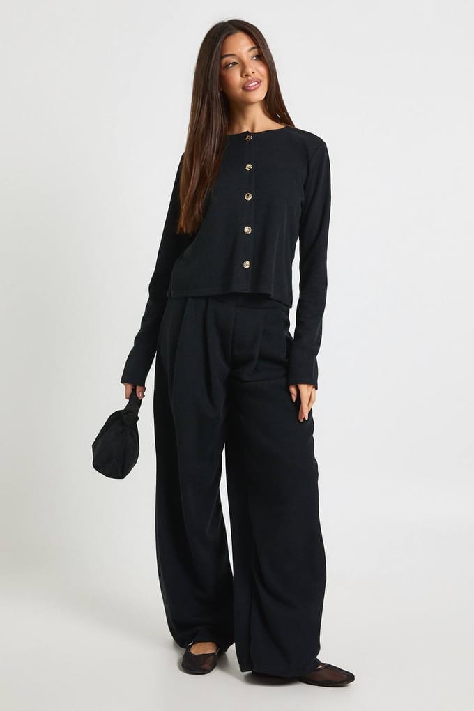 boohoo Dames Gestructureerde broek met wijde pijpen | Black | Maat: 6