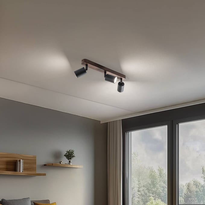 TK Lighting Plafondspot Subrin, notenhout, 3-lamps