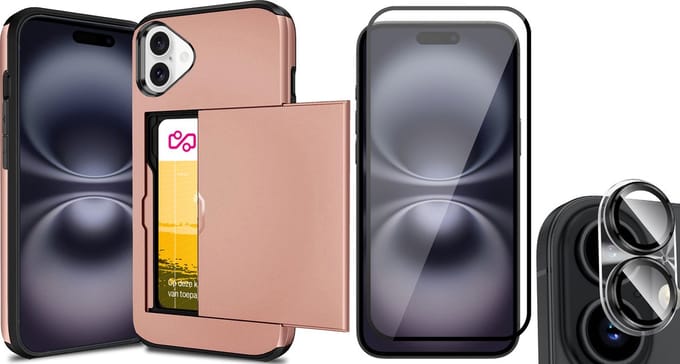 Hoesje met Pasjeshouder geschikt voor iPhone 16 - Screenprotector FullGuard & Camera Lens Screen Protector - Back Cover SlideCase Roségoud