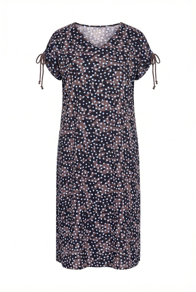 Ulla Popken - Dames - Midi-jurk polka dots V-hals schouderplooien - Donkertaupe - Maat 58+