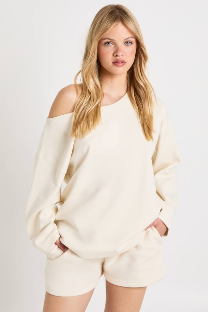 boohoo Dames Petite Interlock Off-shoulder Sweatshirt | Ecru | Maat: Small