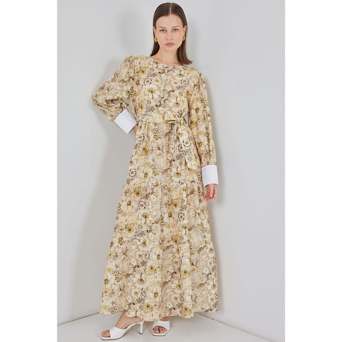 Viskose Blend Geprinte Maxi Jurk met Knopenlijn