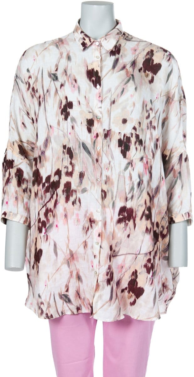 120% Lino blouse beige met bloemenprint en knoopsluiting voor dames - S (36)