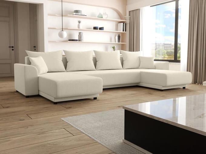 Vente-unique Panoramische hoekslaapbank van beige ribfluweel NESSARO
