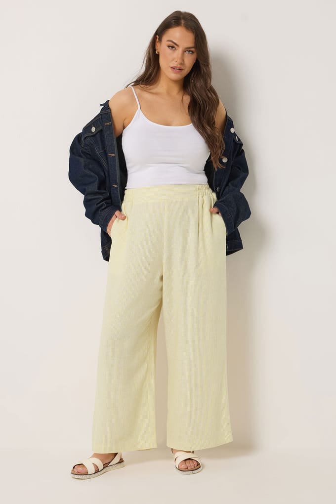 Yours Gele Gestreepte Wijde Pijpen Linnen Broek Size 48