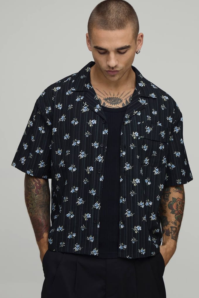 Oversized Overhemd Met Gestructureerde Bloemenprint | Black | Size XS