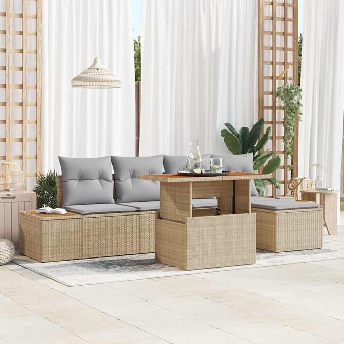vidaXL Tuin Eettafel Set met kussen 6 pcs Beige en Grijs