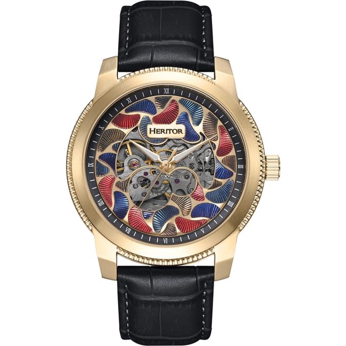 Heritor Automatic Emmanuel Semi-Skelet leren band horloge - Goud/Zwart