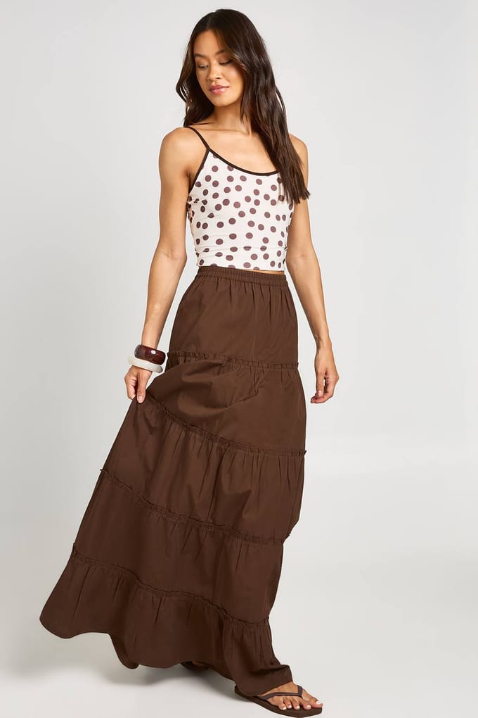 boohoo Dames Lange Gelaagde Katoenen Popeline Maxi Rok | Chocoladebruin | Maat: 38