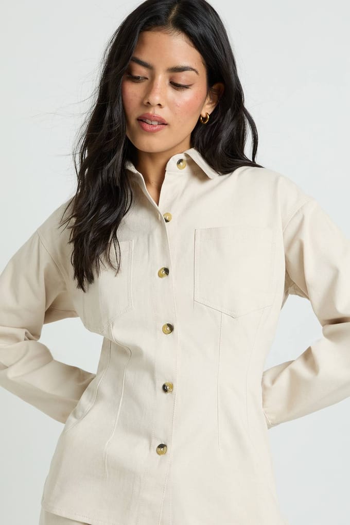 boohoo Dames Chambray Shirt Met Trekkoord | Ecru | Maat: 38