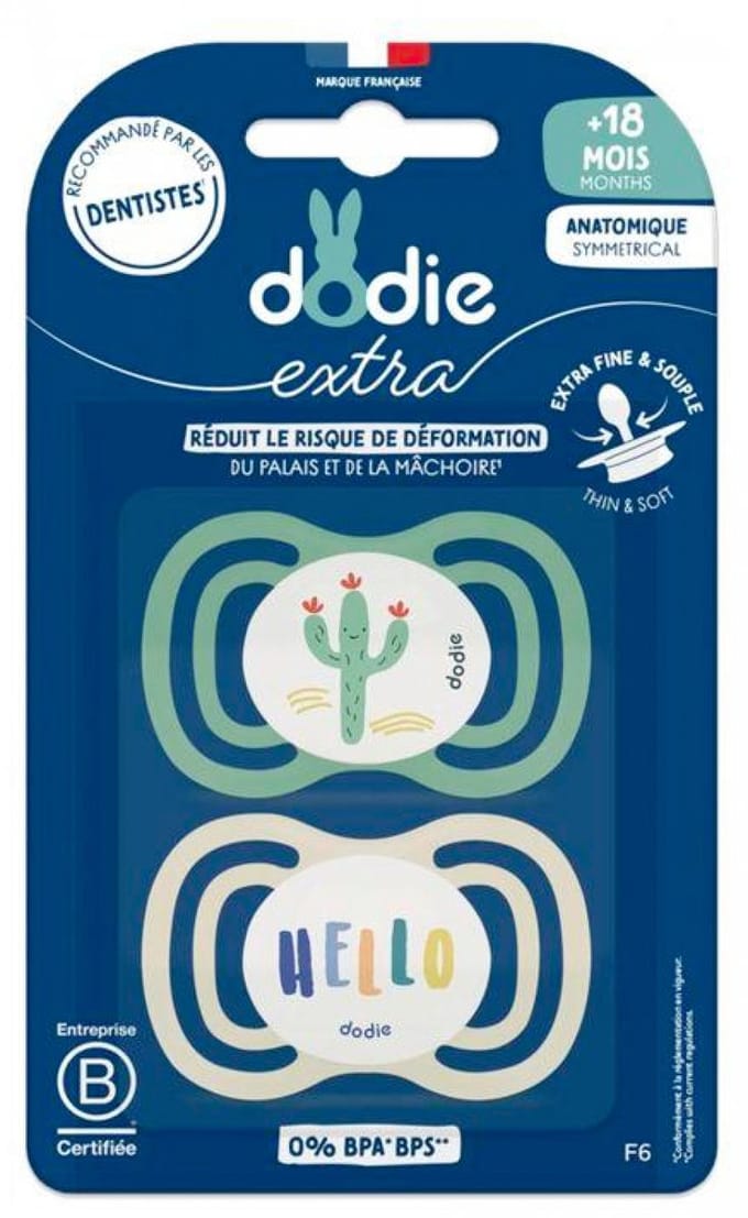 Dodie Extra 2 Anatomische Fopspenen Symmetrical + 18 Maanden (Modellen : Cactus/Hallo)