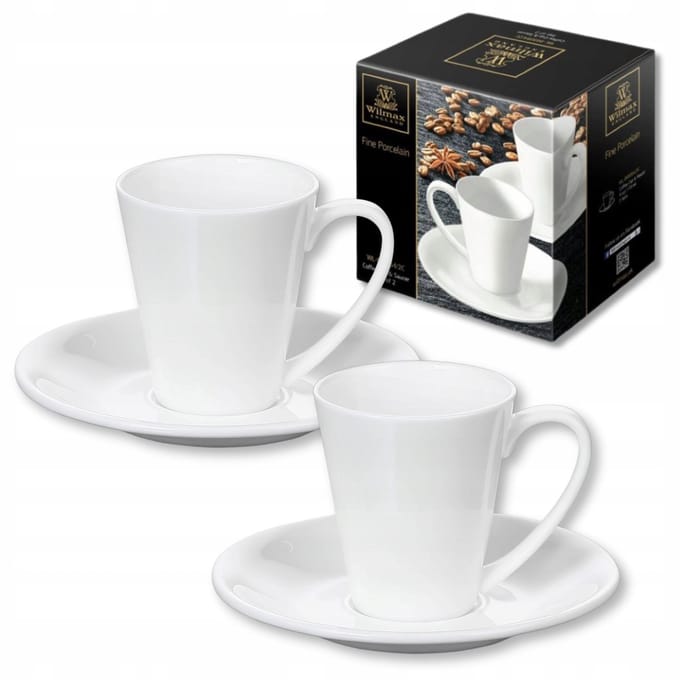 Wilmax Porseleinen Koffiekopjes met Schotels, Set van 2, 110ml