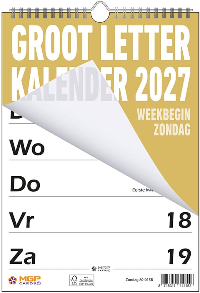 MGPcards - Grootletter kalender - 2027 - Week begint op zondag - 21 x 34 cm - Oker