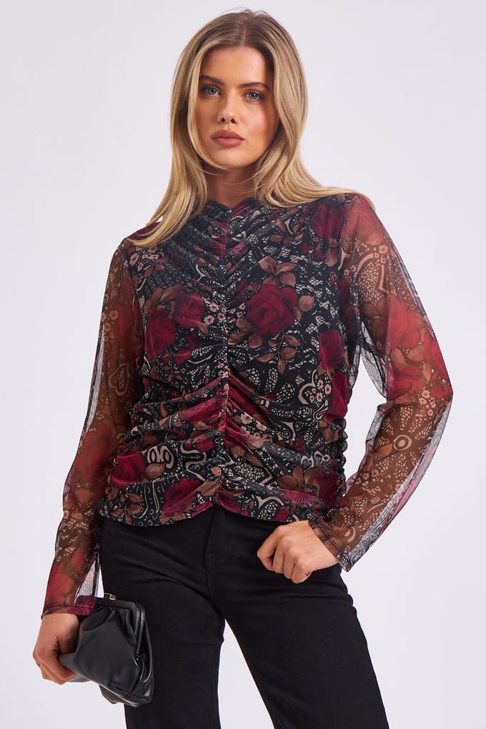 Top met meshprint en gerimpelde voorkant