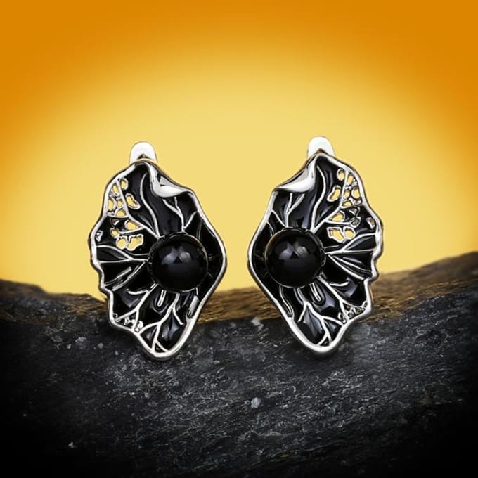 Style Rétro Design Unique Modélisation Feuille de Lotus Incrusté d'Agate Colle Goutte black