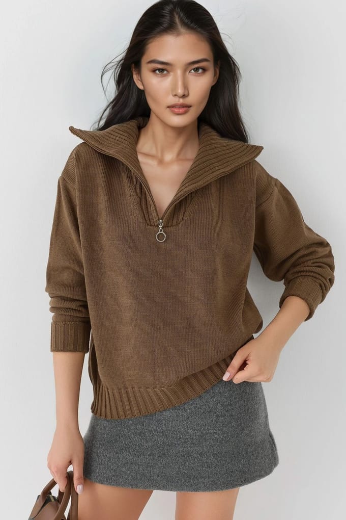 Oversized Geribde Gebreide Trui met Ritskraag