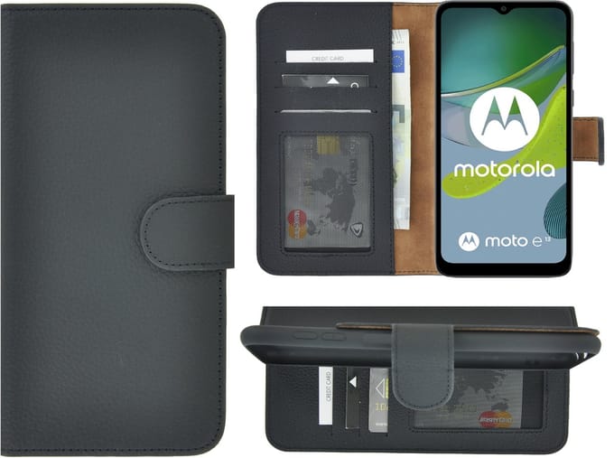 MoDo hoesje Geschikt voor Motorola Moto E13 - Echt Leer Book Case - Geribbeld Zwart