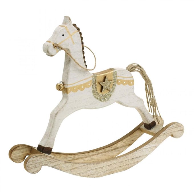 Hobbelpaard hout, kerstversiering witgoud H24cm