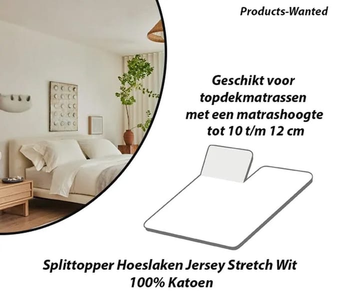 Splittopper Hoeslaken Jersey Stretch Wit 100% Katoen 180×200/210/220