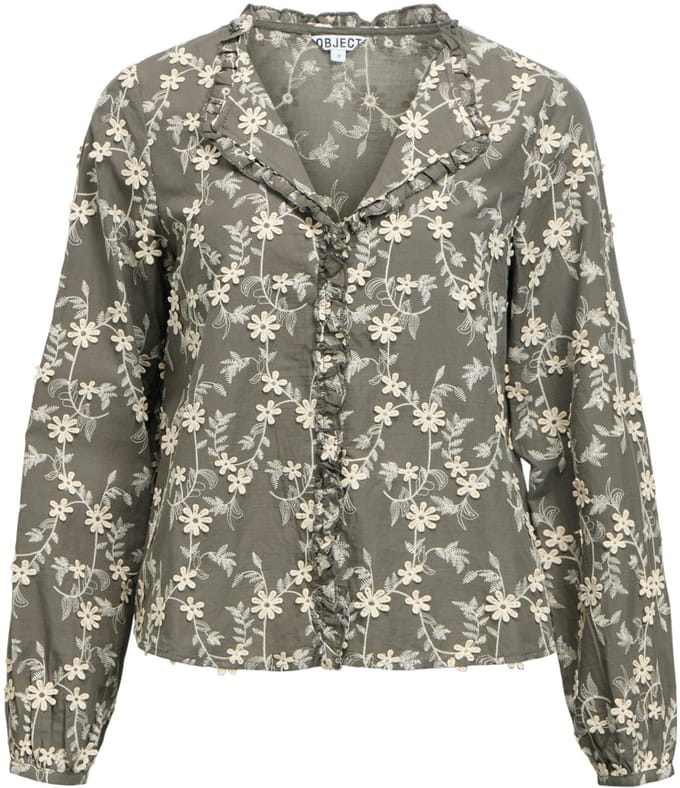 Object Blouse Objkarli L/s Re Shirt Noos 23049209 Gunmetal/sandshell Embroidery Dames Maat - W34