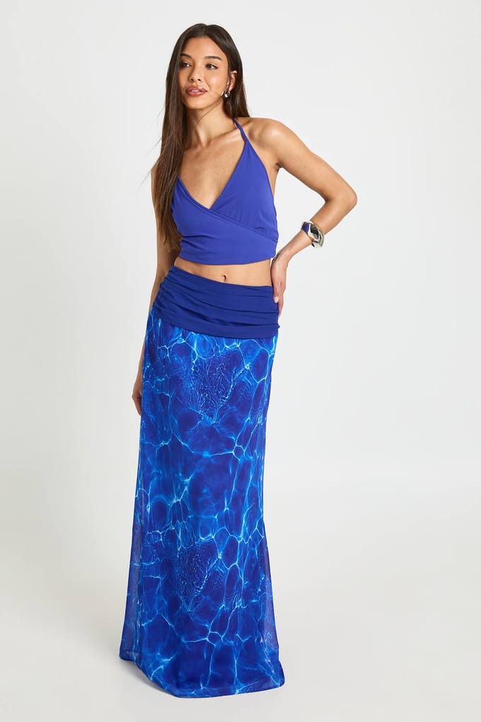 boohoo Dames Chiffon Maxi Rok Met Gerimpelde Taille | Blue | Maat: 16
