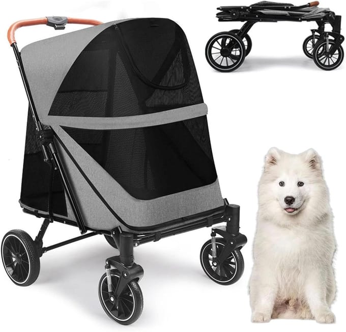 Hondenbuggy - Reiswiel - Comfortabel transport - Extra grote capaciteit - Tot 55 kg - Grijs