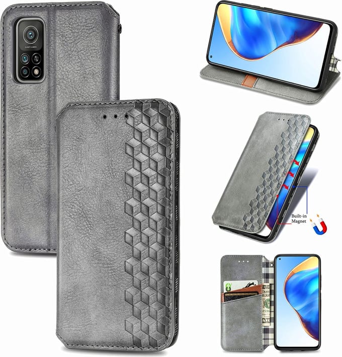 Luxe PU Lederen Ruitpatroon Wallet Case + PMMA Screenprotector voor Xiaomi Mi 10T / 10T Pro 5G _ Grijs