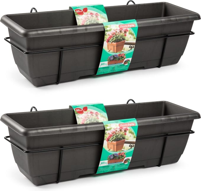 PlasticForte Balkonbak - 5x - antraciet - 60 cm - plantenbak met hanger - bloembak
