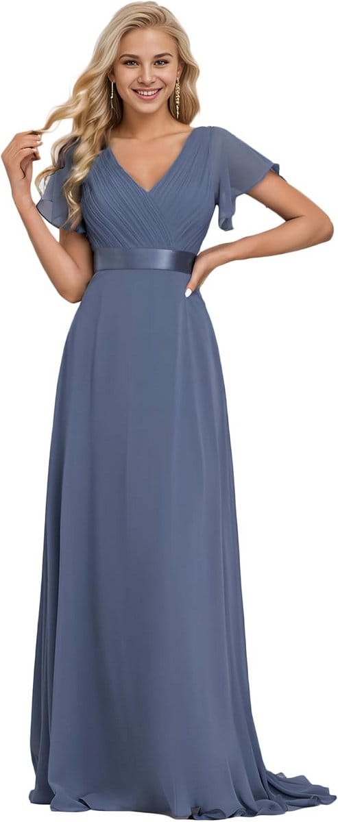 Lange chiffon avondjurk met V-hals en smalle taille