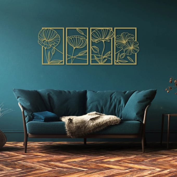 Metalen Wanddecoratie Klaprozen – 3D Wandkunst – Goud – 100 x 60 cm