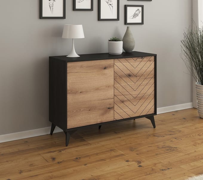 Meubella - Dressoir Dolores - Eiken - Zwart - 104 cm - met lades