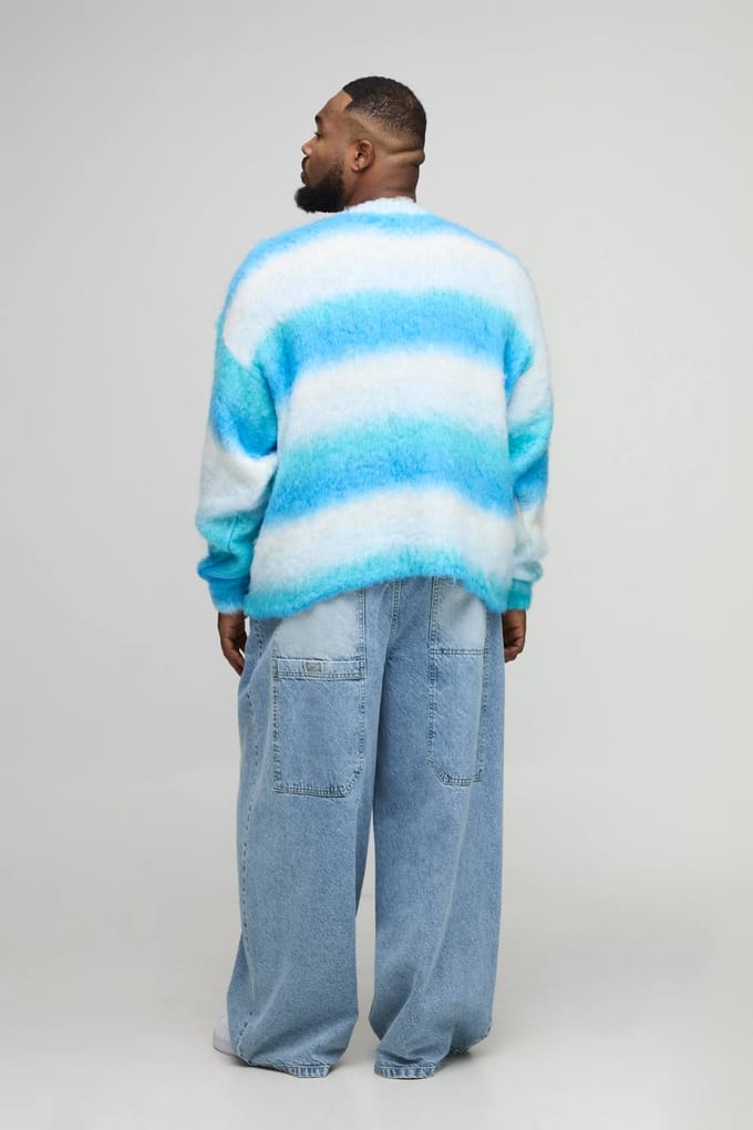 Plus Boxy Oversized Geborstelde Streep Gebreide Trui | Blue | Size 3XL
