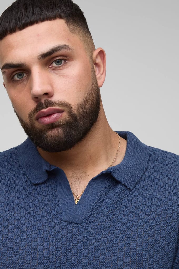 Plus Regular Fit Micro Ruit Gehaakte Polo Shirt | Navy | Size 2XL