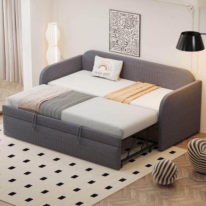 REDOM Bedframe 90/180 x 190 cm – Linnen grijs – Uitschuifbaar dagbed – 24 latten – Draagvermogen 300 kg