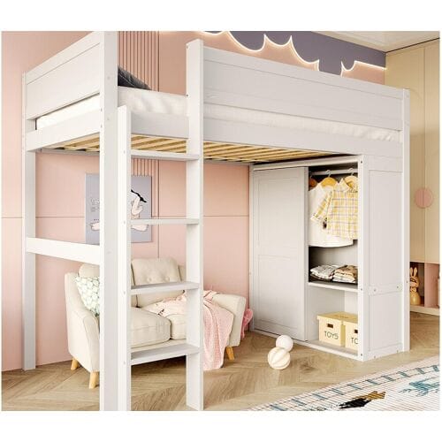 ModernLuxe Hoogbed 90x200 cm - met kast + opbergruimte - open ruimte onder het bed - wit (zonder matras)