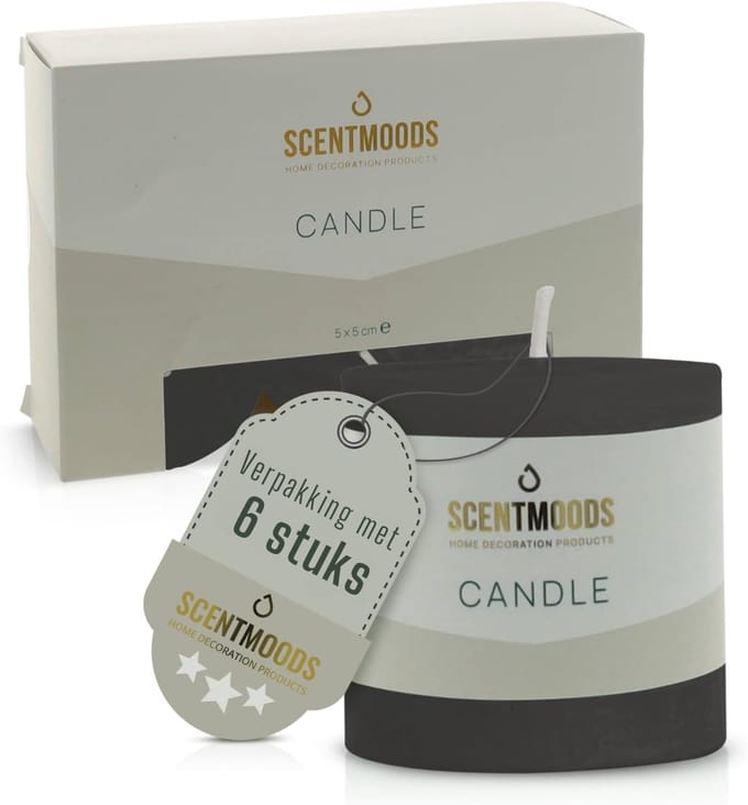 Scentmoods - Rustieke Kaarsen - Stompkaars - Set van 6 - Zwart - Kaars - 5x5cm
