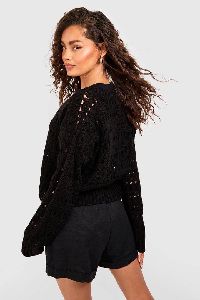 boohoo Dames Crochet Button Through Crop Cardigan | Black | Maat: Large
