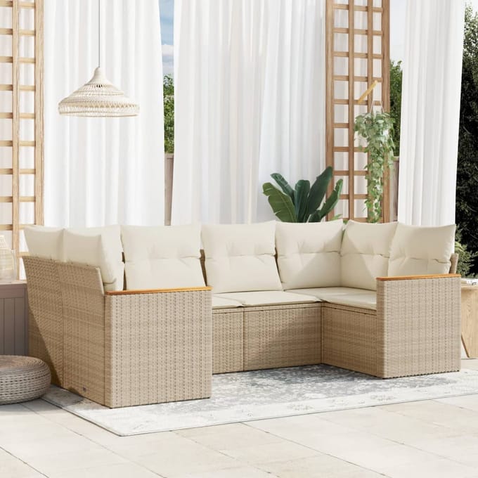 vidaXL - 6-delige - Loungeset - met - kussens - poly - rattan - beige