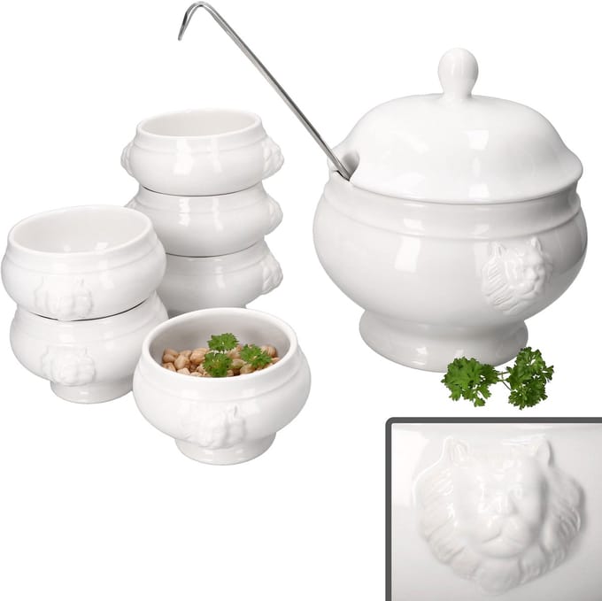 7-delige set LEO terrine met leeuwenkop 1x 2 liter & 6x 0,25L wit steengoed