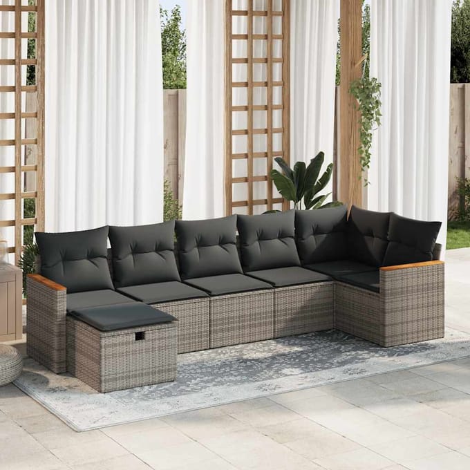 vidaXL - 7-delige - Loungeset - met - kussens - poly - rattan - grijs